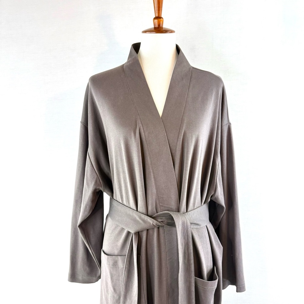 PURE FIBER Gray 100% Organic Cotton Knit Robe with Attached Belt - Picture 2 of 11